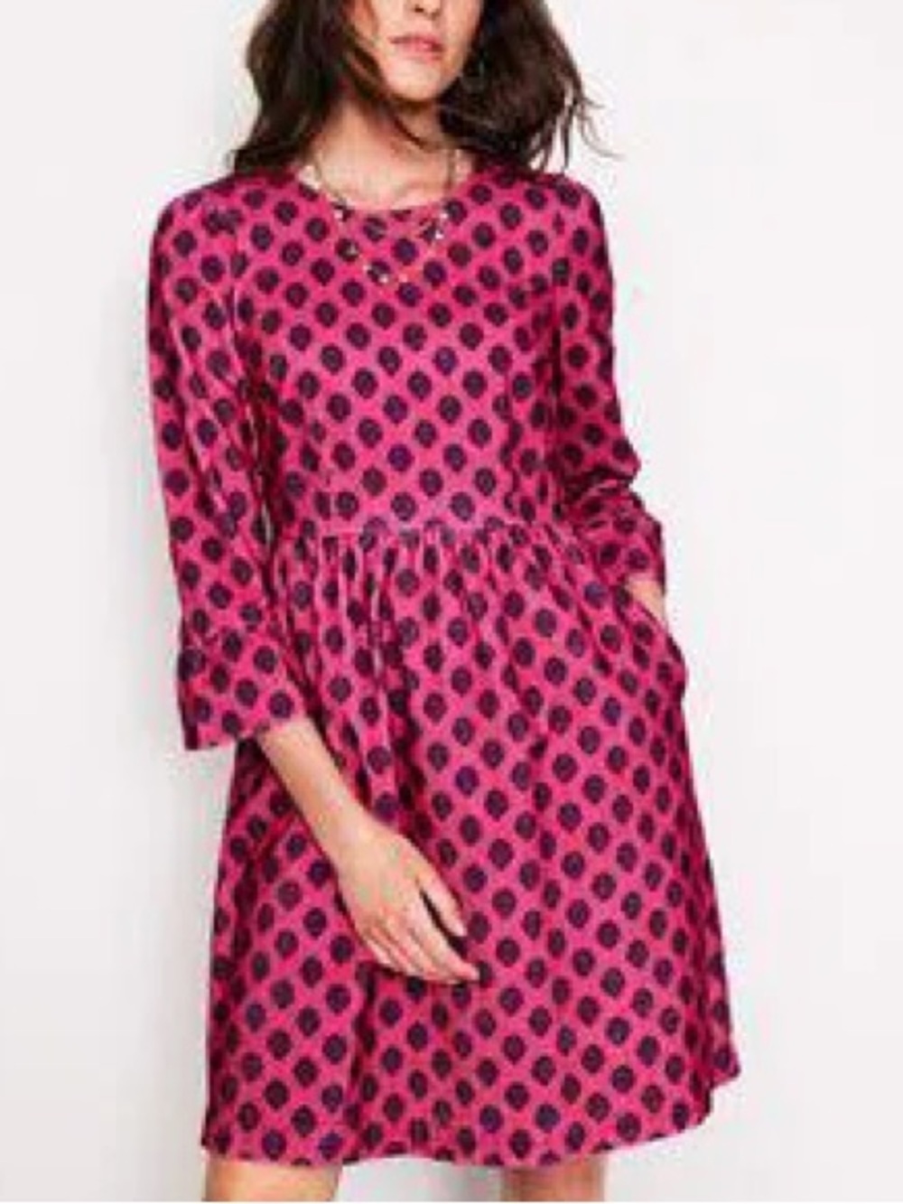 Boden Ora Cord Corduroy Pink 3/4 Sleeves Mini Dress Twee Fall Holiday Cotton 14